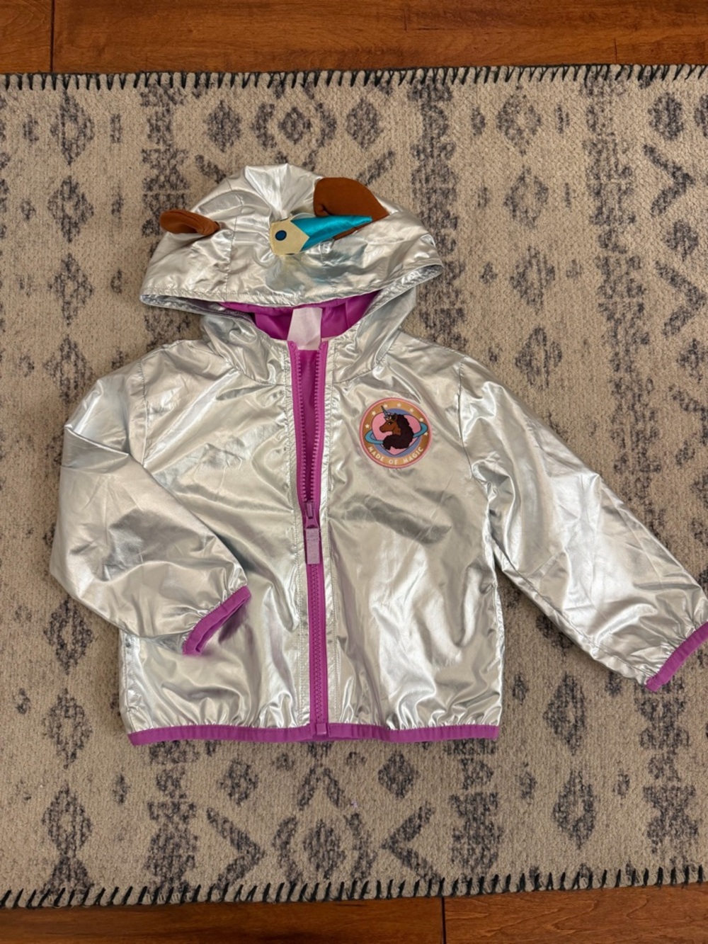 Afro Unicorn Silver Metallic Hooded Windbreaker Rain Jacket with Purple Trim